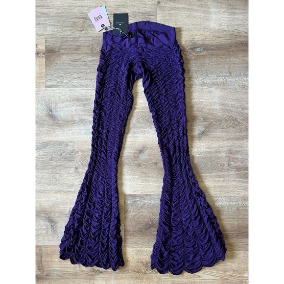 NWT LAZY OAF Purple Rusched Flare Bell Bottom Pants Trousers   Women's Size 28 - Picture 1 of 7